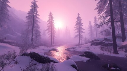 Poster - Serene Winter Stream Flows Through Snowy Forest