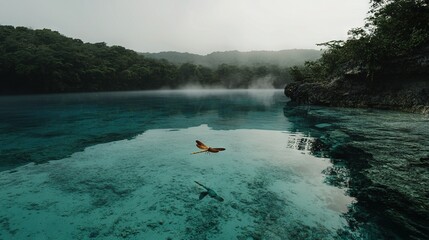 Poster -   A bird soaring over a verdant hillside adjacent to a tranquil body of water on a hazy day