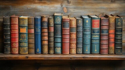 Poster - Antique Books Arranged on a Wooden Shelf