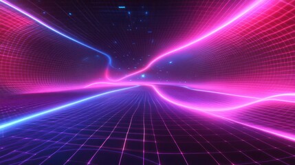 Poster - Abstract Digital Landscape Neon Grid Lines