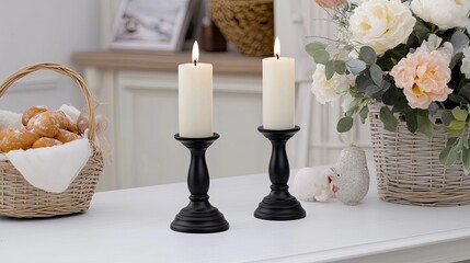 Wall Mural - Close-up of a beautifully arranged Easter dinner table with white candles, black candlesticks, and baskets of flowers