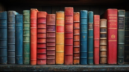 Poster - Antique Books Line a Wooden Shelf Displaying Rich Colors