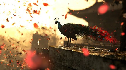 Wall Mural - a peacock perches on a ledge amidst red and pink falling petals