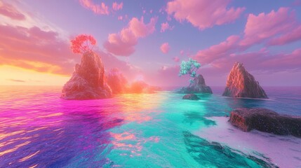 Wall Mural - A colorful ocean with a rainbow tree in the middle. The sky is pink and purple. There are rocks in the water