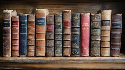 Poster - A row of antique leather bound books sits on a wooden shelf