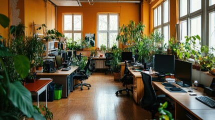 Poster - Vibrant Office Space Filled With Lush Greenery and Computers
