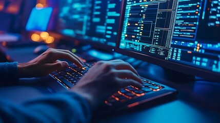 Coding hands typing software on dual monitors at night