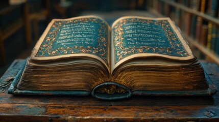 Poster - Antique Book Open Displaying Ornate Script and Decorated Pages