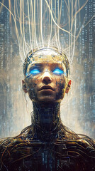 Poster - Futuristic Vision of Artificial Intelligence With Glowing Circuitry and a Metallic Backdrop