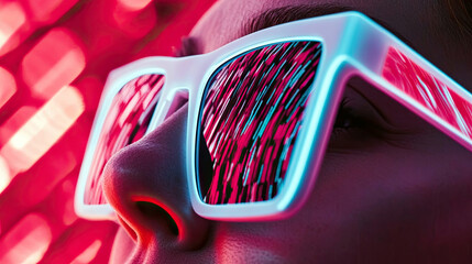 Aufkleber - Futuristic Sunglasses Reflecting Vibrant Neon Lights in a Contemporary Urban Setting