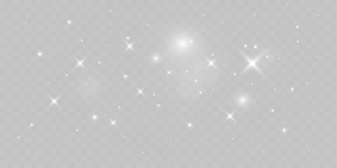 Poster - sparkling white light particles on transparent background, glowing stars and dust effect, festive gl