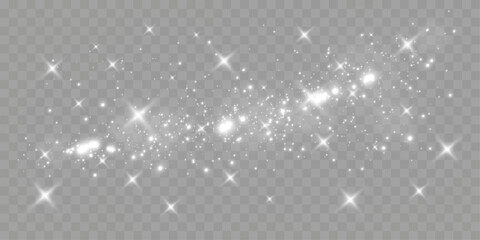 Poster - Sparkling white light particles on transparent background, glowing stars and dust effect, festive glitter overlay, magical illumination, digital abstract decoration.