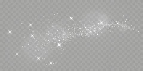 Poster - sparkling white light particles on transparent background, glowing stars and dust effect, festive gl