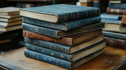 Poster - A Stack of Antique Books Rests on a Wooden Table