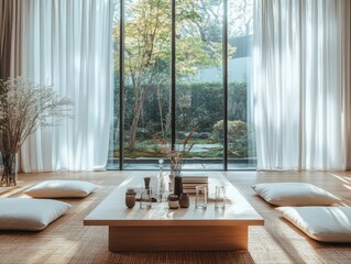 A living room with a wooden coffee table and a vase of flowers. There are two pillows on the floor