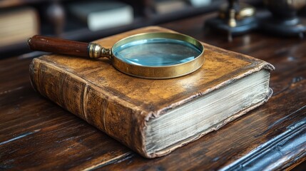 Poster - Antique Magnifying Glass Rests on Aged Leather Bound Book
