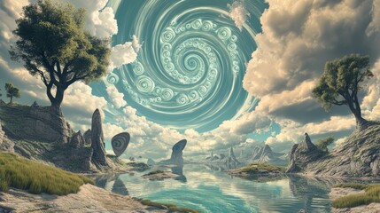 Wall Mural - A large spiral cloud is in the sky above a landscape with a body of water and trees. The sky is mostly blue with some clouds