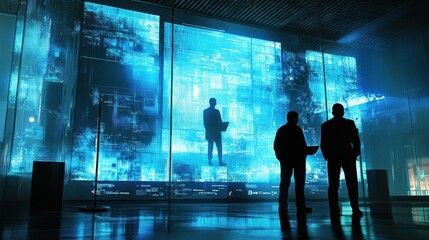 Aufkleber - Silhouetted Figures Observe Data Streams On Large Digital Screens
