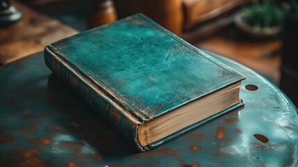 Poster - Antique teal leather bound book rests on table