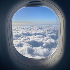 Poster - Airplane wing gliding above fluffy clouds under bright blue sky. Generative AI
