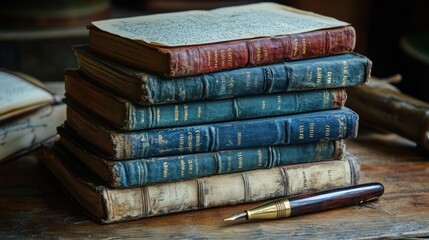Poster - A Stack of Antique Books and a Fountain Pen
