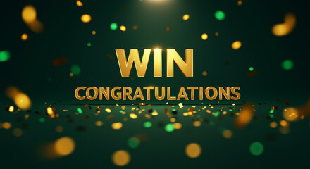 Aufkleber - Golden text WIN and CONGRATULATIONS on green background with confetti. Win congratulations text with golden style and confetti