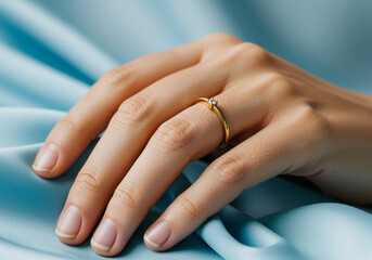 Poster - Gold ring on a hand. Hand wearing gold ring with diamond on a blue background