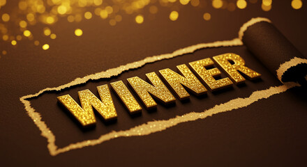 Poster - Winner text in gold color on dark background. Winner text with golden glitter effect. Winner word on torn paper