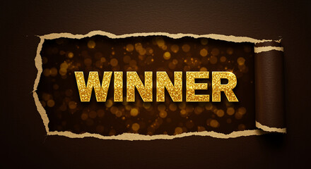 Poster - Torn paper reveals winner text with gold glitter effect. Winner text on torn paper background with celebration effect