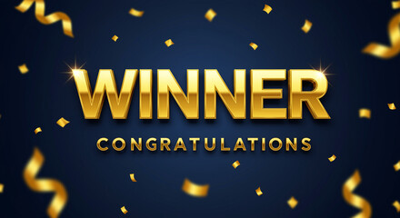 Poster - Winner text in golden color with congratulations text below on dark blue background with golden confetti. Winner congratulations in gold letters with confetti on dark blue background