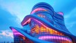 © Ikhsan - Futuristic glass building with dynamic curves illuminated at twilight.