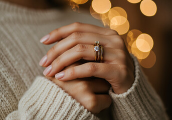 Poster - Rings on hand closeup. Wedding rings on a hand with blurred background
