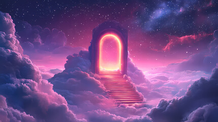 Wall Mural - A mystical staircase ascends through clouds towards a glowing archway, set against a twilight sky filled with stars. Zenith Archway. Illustration