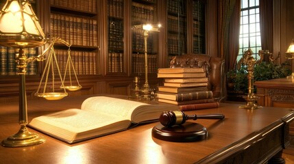 Poster - Law Office Study With Books Gavel Scales And Lamps