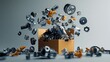 © Fexri - Multiple spare parts emerging from a box against a gray background. Isolated auto parts scattered on a gray backdrop.