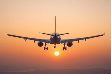 Poster - Airplane silhouette flying against a vibrant golden sunset over tranquil landscape. Generative AI