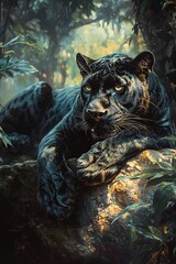 Wall Mural -   Black and white tiger lying on a rock amidst dense forest