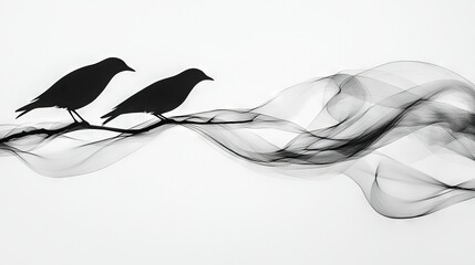 Canvas Print -  A monochrome image of two birds perched on a tree branch amidst hazy smokestacks