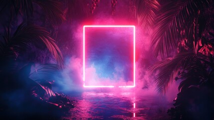 Poster - Neon Square Frame in Tropical Night Scene