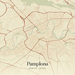  Retro Spanish map of Pamplona, Comunidad Foral de Navarra. Vintage street map.