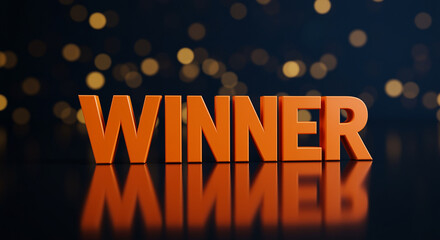 Aufkleber - Winner word art on reflective surface. Orange winner letters with bokeh background. Winner text with dark background