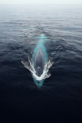 Wall Mural -   An aerial view of a boat floating in the middle of the ocean with a dolphin head emerging from the water