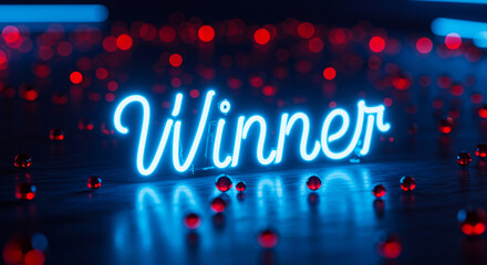 Aufkleber - Neon sign winner glows blue on dark background. Winner neon sign with red spheres on dark surface