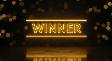 Poster - Neon winner sign with bright yellow neon light on dark background. Winner neon sign with glowing effect