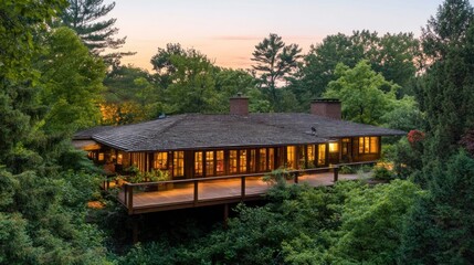 Poster - Illuminated Lakeside Cabin nestled among lush green trees at dusk