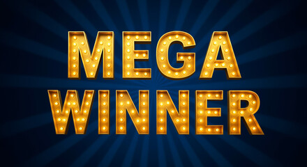 Aufkleber - Mega winner neon sign graphic. Illuminated mega winner sign with bright lights. Glowing mega winner text on dark blue background