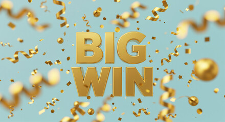 Poster - Big win celebration text with golden confetti and ribbons. Golden big win text on light blue background with celebration elements