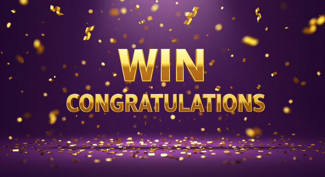 Win congratulations text with golden confetti on purple background. Golden win congratulations text with confetti