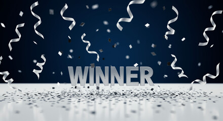 Poster - Winner text with silver confetti and ribbons falling. Silver winner text on the white surface with confetti and ribbons. Celebration with silver winner text and confetti