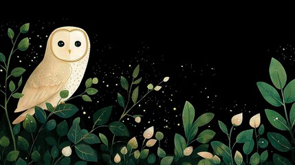 Poster -   A painting of a majestic owl perched atop a tree's leafy branch, against a backdrop of twinkling stars